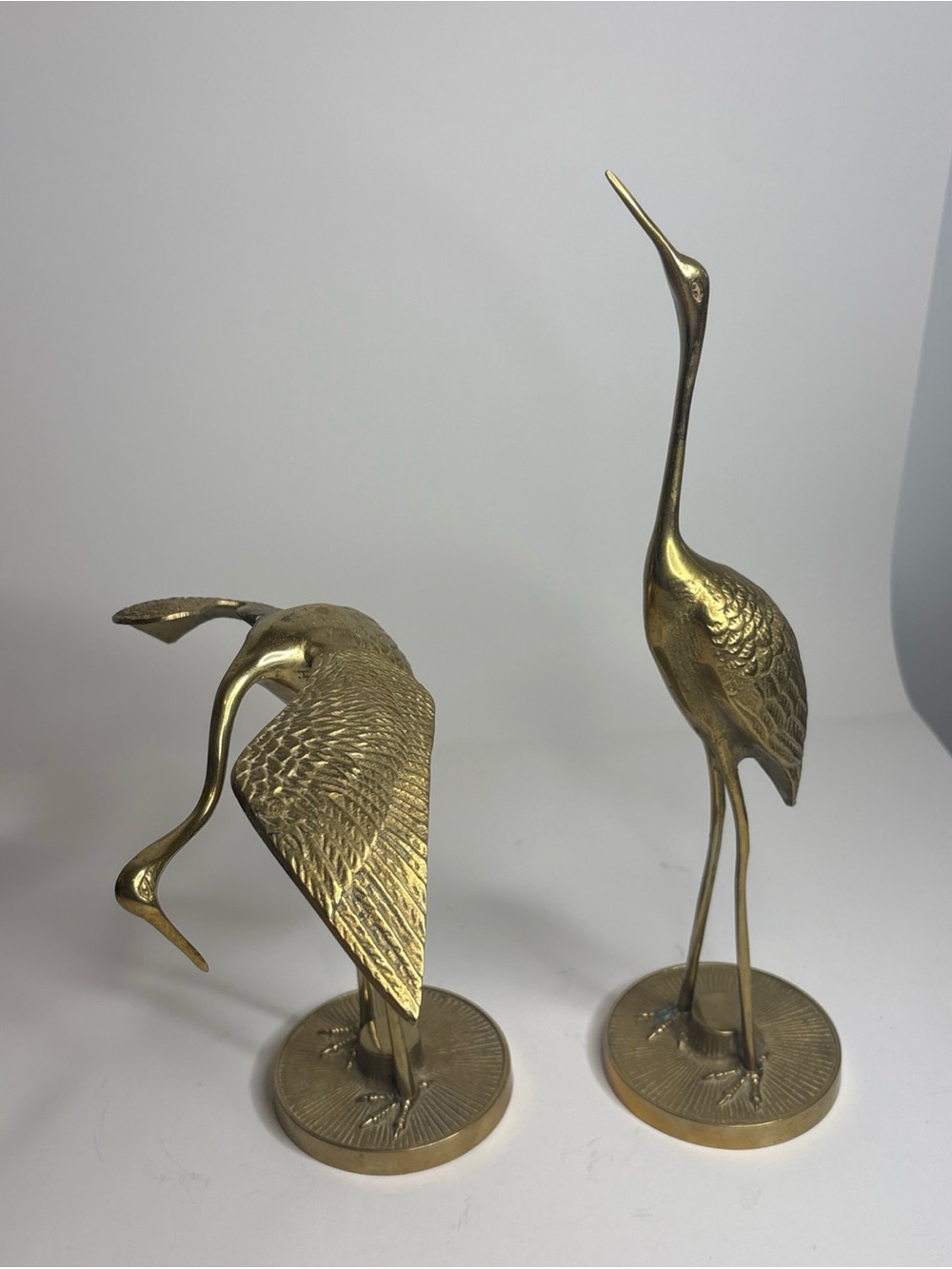Vintage MCM Brass Bird Pair of 2 Crane Heron Egret Large Figurines 12” & 8”
